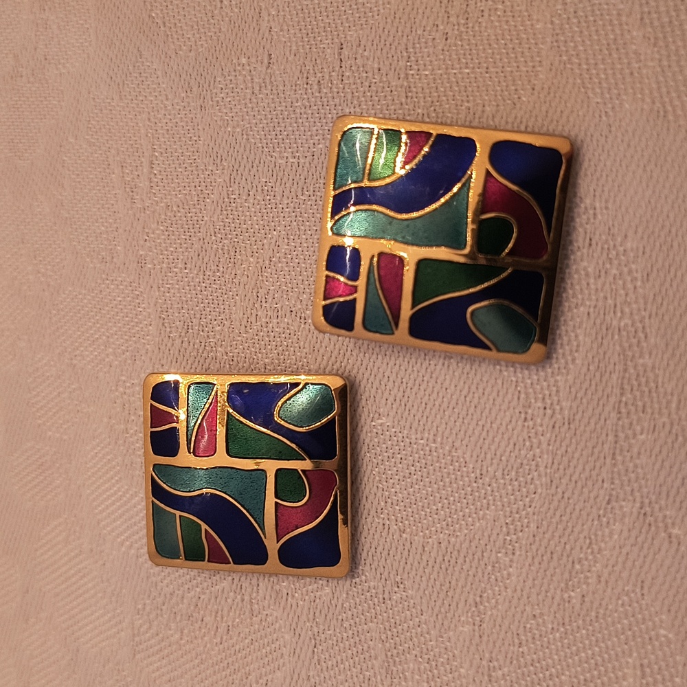 Vintage Cloisonne Signed Abstract Square Clip-on Earrings - Picture 3 of 10